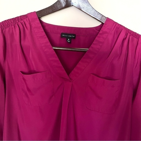 WILLI SMITH Women's V-Neck Fuchsia Long Sleeve Career Blouse Medium Relaxed Fit - Picture 5 of 12